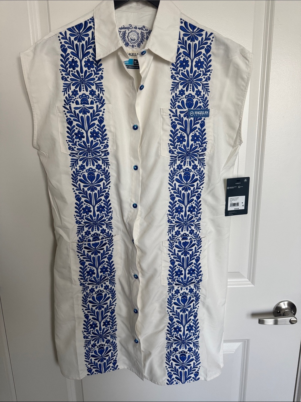 Magellan Outdoors Women’s Guayabera dress with Blue Embroidered Panels